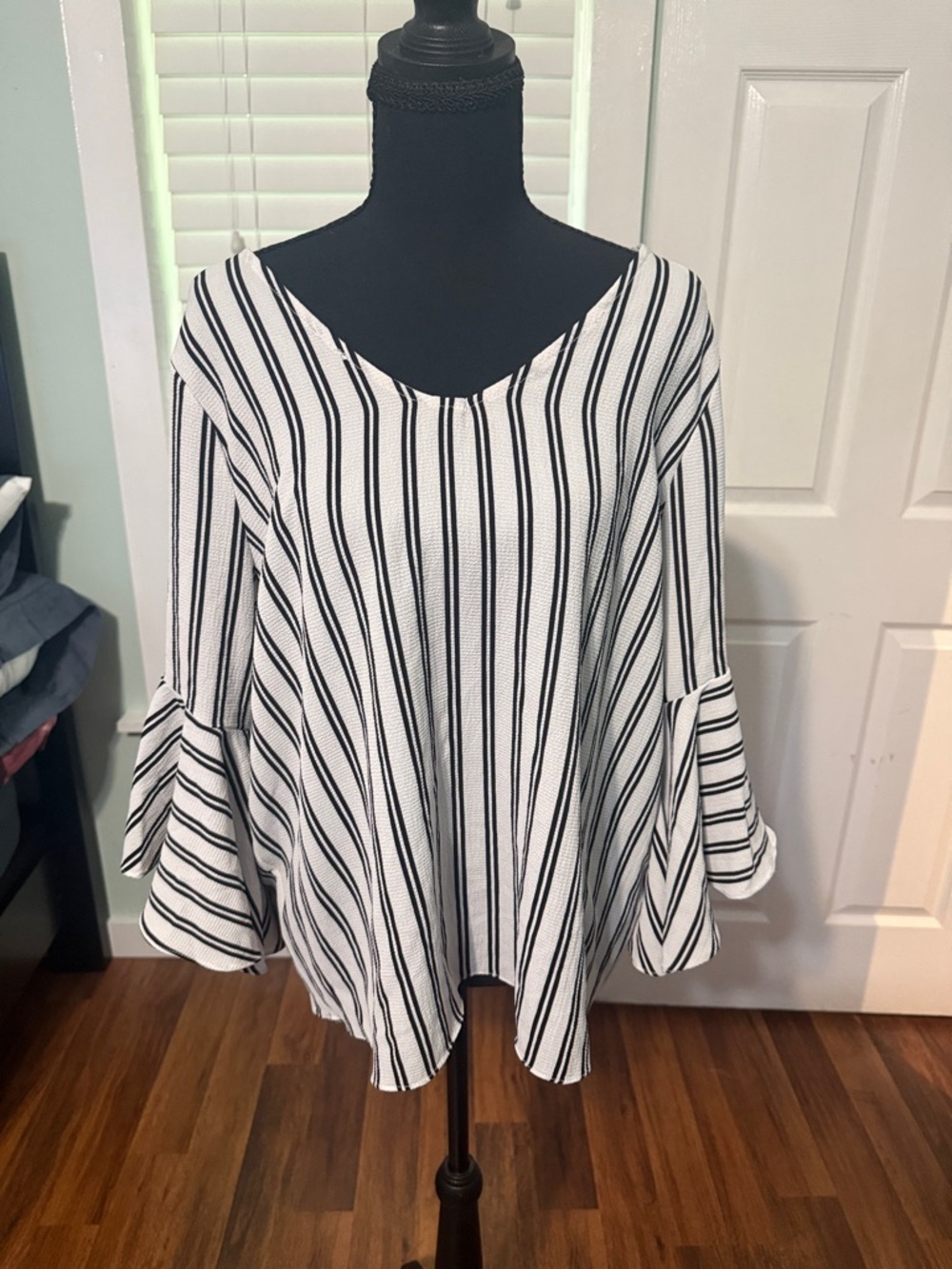 Green Envelope White & Black Striped V-Neck Bell Sleeve Tunic
